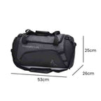 Bolsa de Academia Grande com Compartimento de Sapatos Cinza Grafite Urbanno, com a inscrição "Minimalist Life" e linhas indicando suas dimensões de 53cm de comprimento, 25cm de altura e 26cm de profundidade.