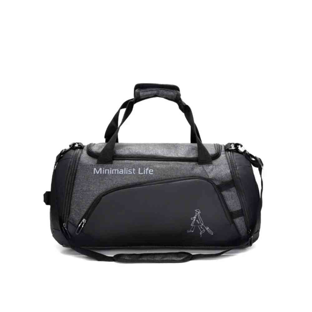 Bolsa de Academia Grande com Compartimento de Sapatos Cinza Grafite Urbanno, vista frontal, com design "Minimalist Life", alças de mão e alça de ombro, ideal para transportar seus equipamentos de treino com estilo.