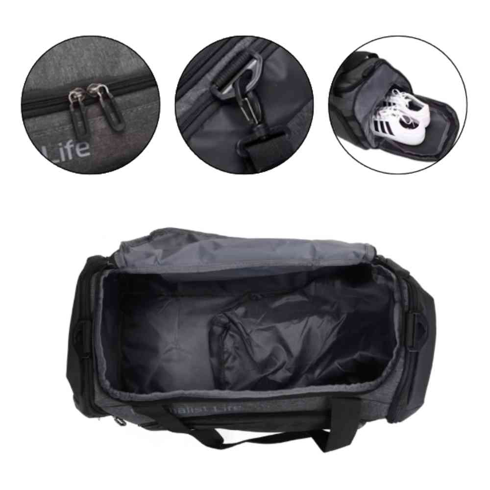 Bolsa de Academia Grande Preta Urbanno aberta, mostrando o interior espaçoso e um compartimento menor, com três círculos detalhando: zíperes duplos, engate da alça de ombro e compartimento lateral com um par de tênis brancos.