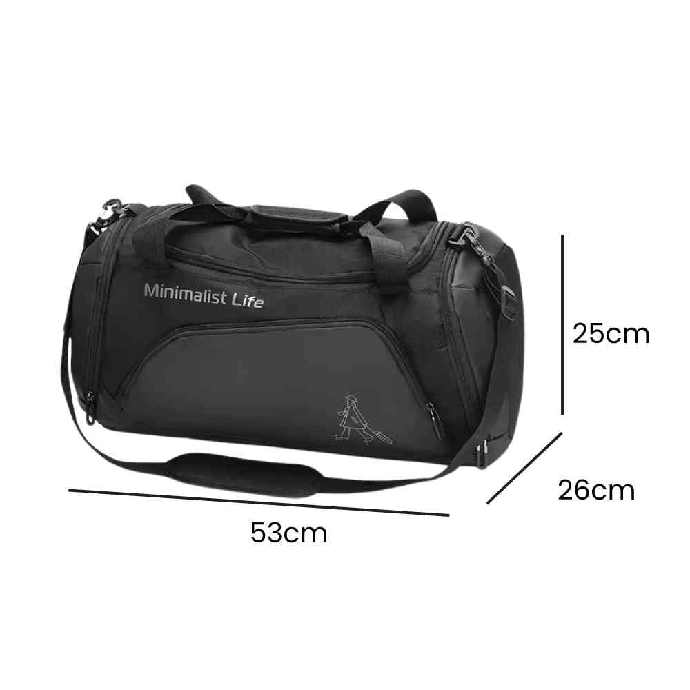 Bolsa de Academia Grande com Compartimento de Sapatos Preta Urbanno, com a inscrição "Minimalist Life" e linhas indicando suas dimensões de 53cm de comprimento, 25cm de altura e 26cm de profundidade.