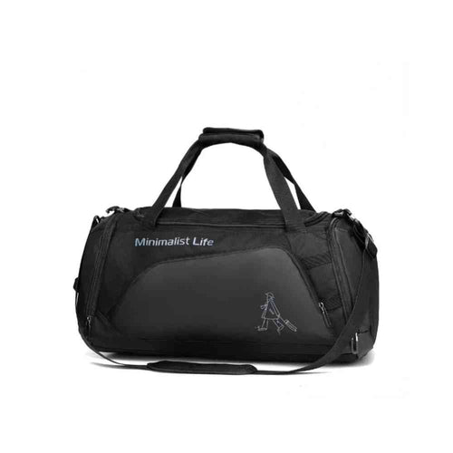 Bolsa de Academia Grande com Compartimento de Sapatos Preta Urbanno, vista frontal, com design "Minimalist Life", alças de mão e alça de ombro, pronta para o treino.