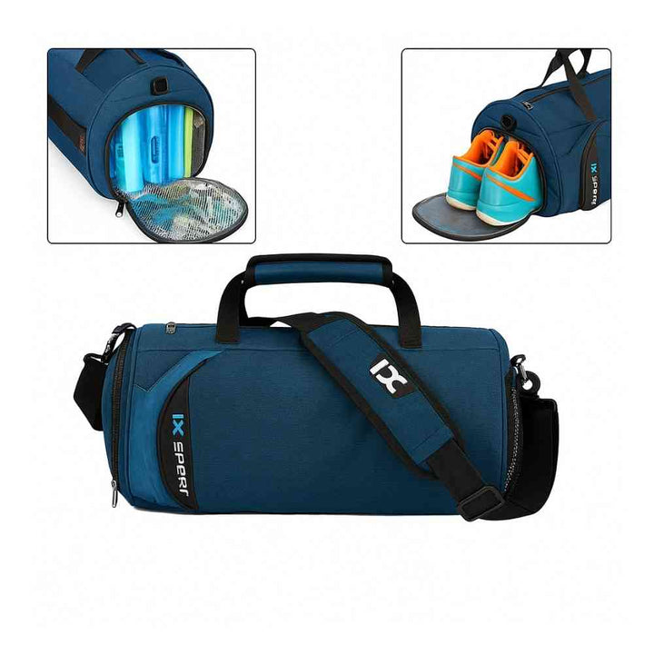 Bolsa de Academia IX Sport Pequena e Discreta azul escuro, destacando o compartimento principal aberto com toalhas e o bolso lateral para guardar sapatos esportivos separadamente, com a vista frontal da bolsa urbanno
