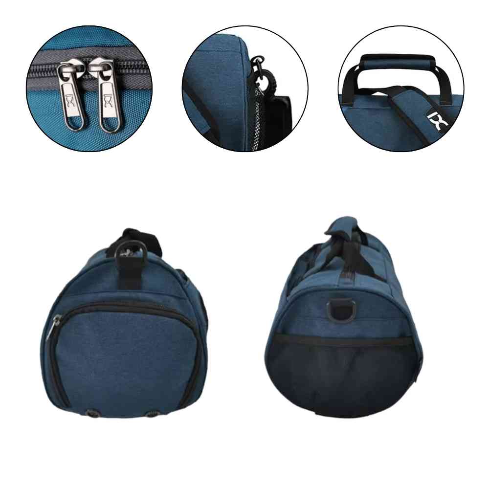 Bolsa de Academia IX Sport Pequena e Discreta azul escuro, mostrando detalhes ampliados do zíper duplo, engate da alça e alça superior, destacando funcionalidade urbanno
