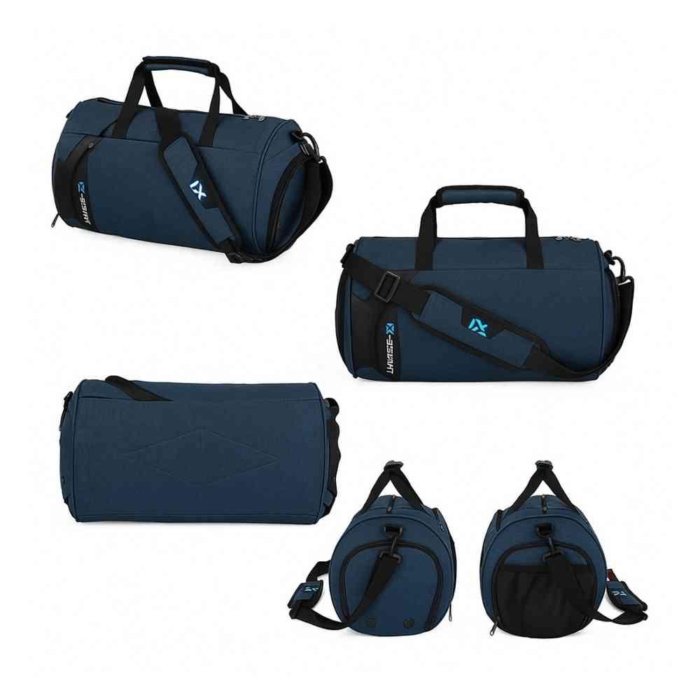 Bolsa de Academia IX Sport Pequena e Discreta azul escuro, exibindo múltiplas vistas: frontal, lateral, superior e ambas as extremidades, destacando seu design e compartimentos urbanno
