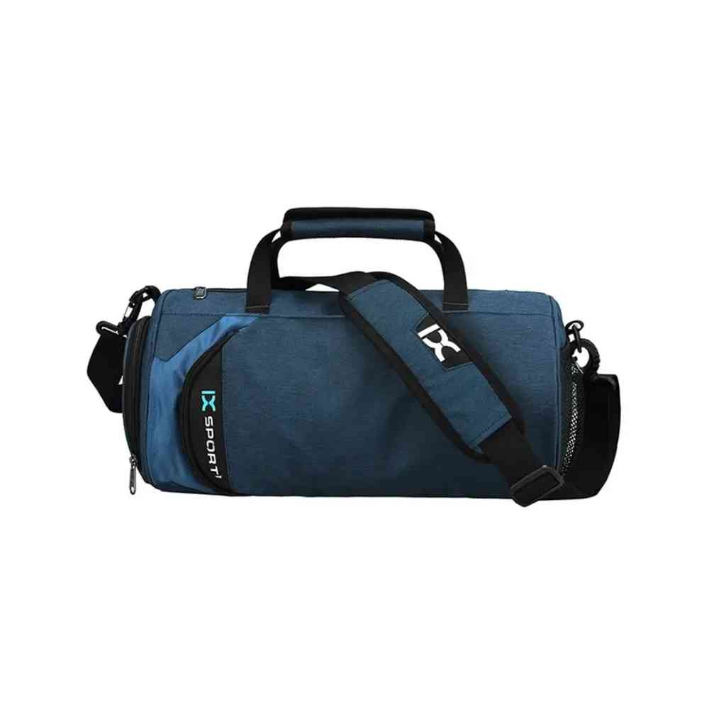 Bolsa de Academia IX Sport Pequena e Discreta azul escuro, vista frontal em ângulo, com alças de mão e alça de ombro, ideal para o essencial do treino e dia a dia urbanno