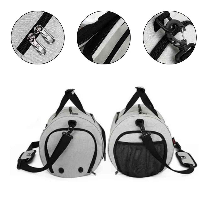 Bolsa de Academia IX Sport Pequena e Discreta cinza, mostrando detalhes ampliados do zíper duplo, costuras, engate da alça de ombro, e vistas das extremidades com e sem bolso em rede da loja urbanno