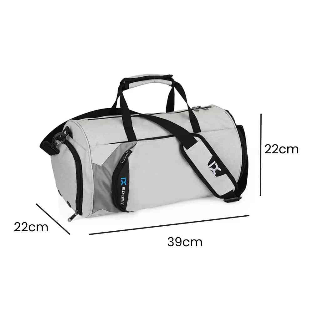 Bolsa de Academia IX Sport Pequena e Discreta cinza, exibindo suas dimensões de 39cm de comprimento, 22cm de largura e 22cm de altura
