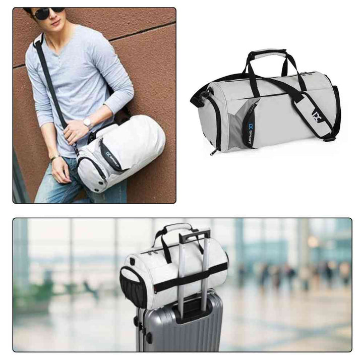 Bolsa de Academia IX Sport Pequena e Discreta cinza, mostrando um homem usando-a no ombro, a bolsa isolada, e acoplada a uma mala de viagem, ilustrando sua versatilidade para o dia a dia e pequenas viagens da loja urbanno