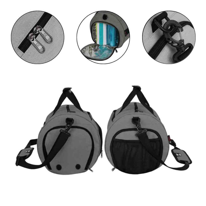 Bolsa de Academia IX Sport Pequena e Discreta cinza grafite, mostrando detalhes ampliados do zíper duplo, engate da alça e compartimento lateral para itens úmidos ou sapatos, destacando funcionalidade urbanno