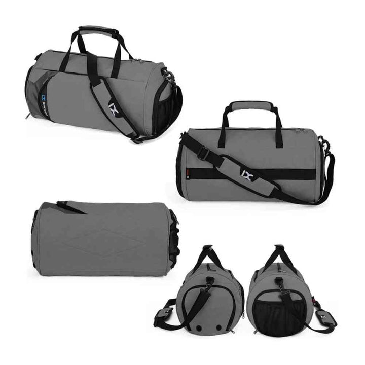 Bolsa de Academia IX Sport Pequena e Discreta cinza grafite, mostrando um homem usando-a no ombro, a bolsa isolada, e acoplada a uma mala de viagem, ilustrando sua versatilidade para o dia a dia e pequenas viagens urbanno