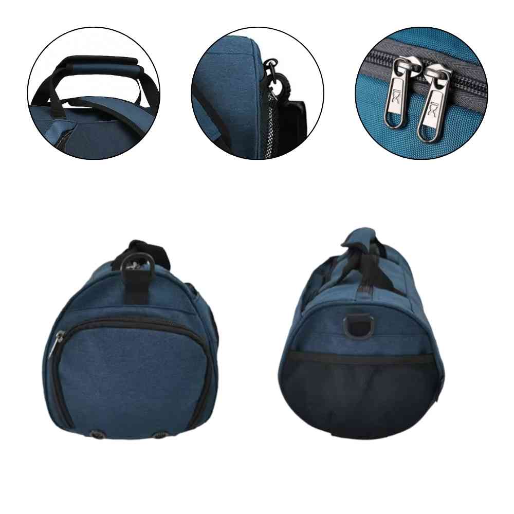 Bolsa de Academia IX Sport Plus azul, mostrando detalhes ampliados do zíper duplo, engate da alça de ombro e alça superior, destacando funcionalidade urbanno