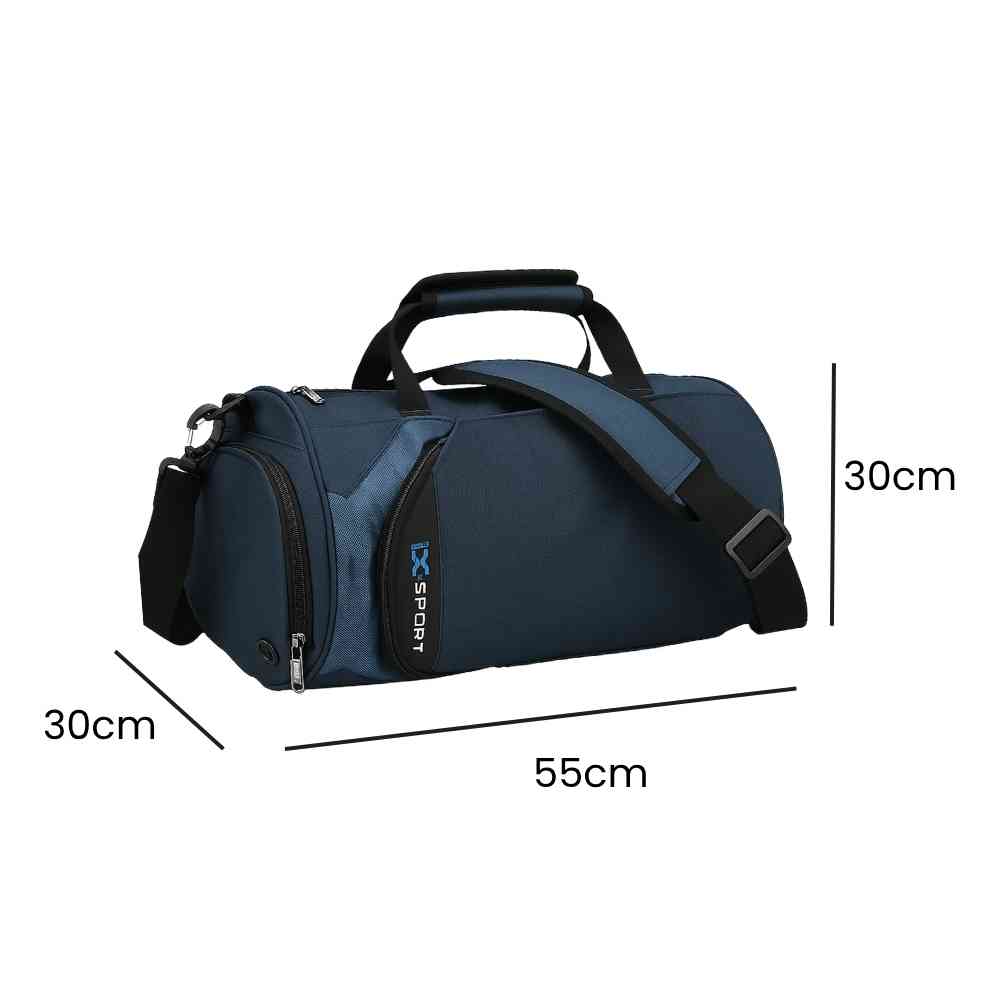 Bolsa de Academia IX Sport Plus azul, exibindo suas dimensões de 55cm de comprimento, 30cm de largura e 30cm de altura urbanno