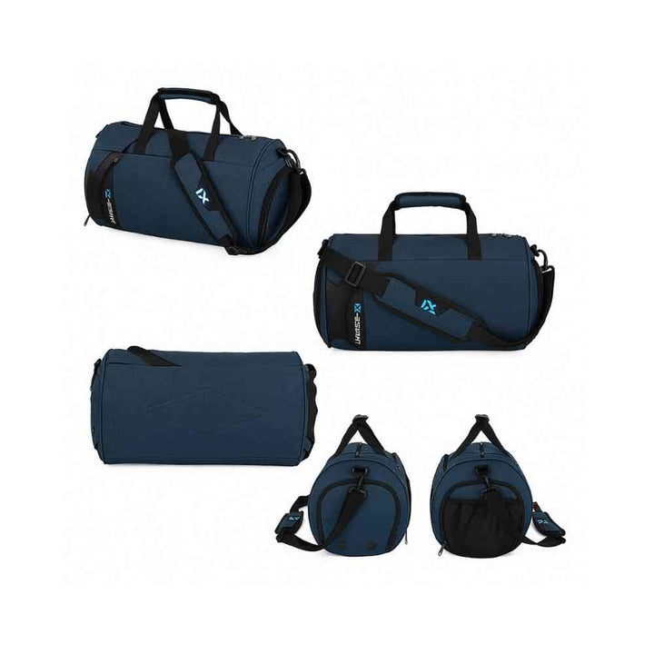 Bolsa de Academia IX Sport Plus azul, exibindo múltiplas vistas: frontal, lateral, superior e ambas as extremidades, destacando seu design e compartimentos urbanno