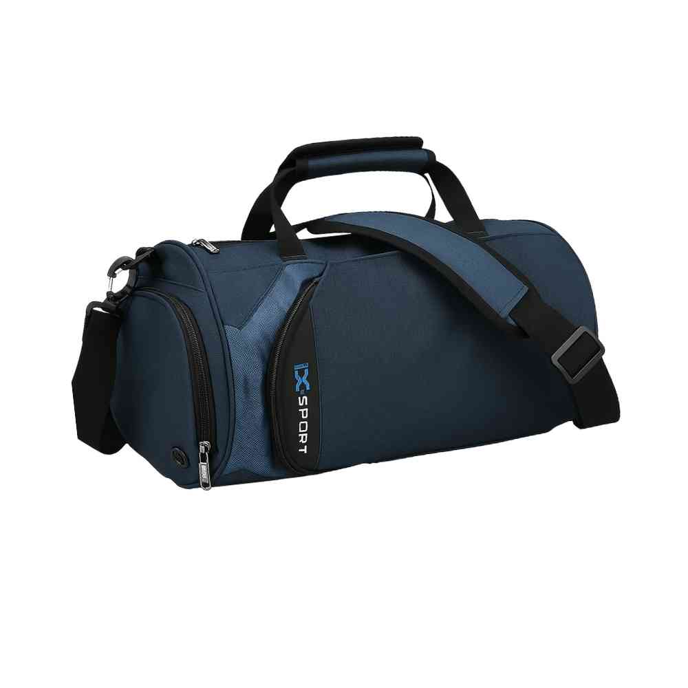 Bolsa de Academia IX Sport Plus azul, vista frontal em ângulo, com alças de mão e alça de ombro, e detalhe preto, ideal para campeões urbanno