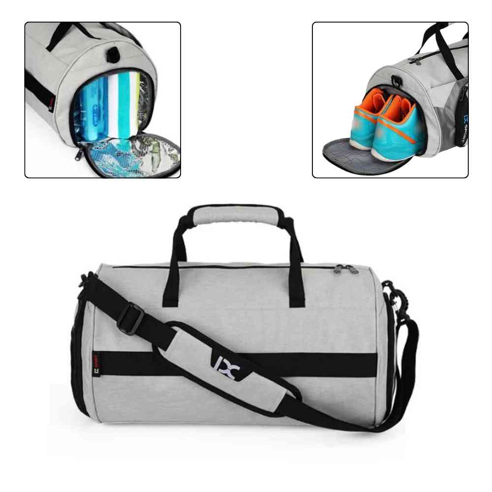 Bolsa de Academia IX Sport Plus cinza, destacando o compartimento principal com roupas e toalha, o bolso lateral para sapatos, e a vista frontal completa da bolsa da loja urbanno