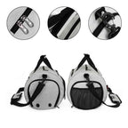 Bolsa de Academia IX Sport Plus cinza, mostrando detalhes ampliados do zíper duplo, costuras reforçadas, engate da alça de ombro, e vistas frontal e lateral com bolso em tela da loja urbanno