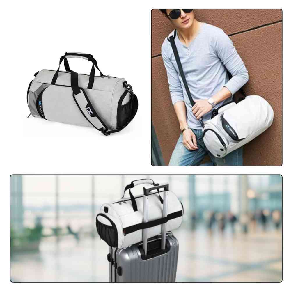 Bolsa de Academia IX Sport Plus cinza, mostrando uso por homem no ombro, vista isolada, e acoplada em mala de viagem, destacando versatilidade da loja urbanno