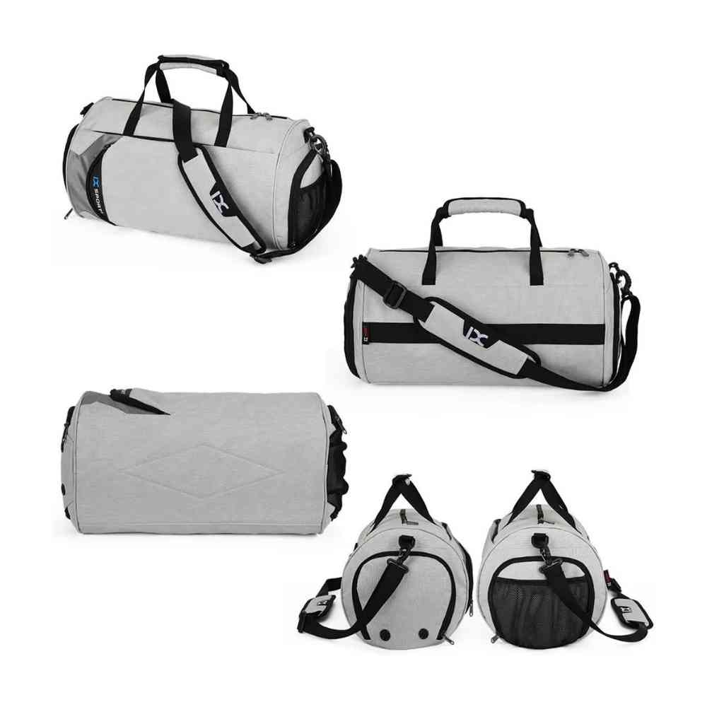 Bolsa de Academia IX Sport Plus cinza, exibindo múltiplas vistas: frontal, lateral, superior e ambas as extremidades, destacando seu design e compartimentos da loja urbanno