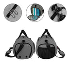 Bolsa de Academia IX Sport Plus grafite, mostrando detalhes ampliados do zíper duplo, engate da alça e compartimento lateral para itens úmidos ou sapatos de campeões, destacando funcionalidade urbanno