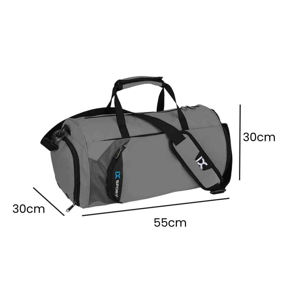Bolsa de Academia IX Sport Plus grafite, exibindo suas dimensões de 55cm de comprimento, 30cm de largura e 30cm de altura, ideal para transporte de equipamentos de campeões urbanno