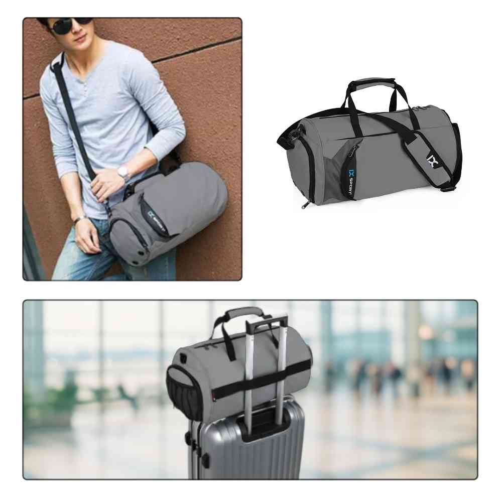 Bolsa de Academia IX Sport Plus grafite, mostrando um homem usando-a no ombro, a bolsa isolada, e acoplada a uma mala de viagem, ilustrando sua versatilidade para treinos e viagens de campeões urbanno