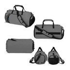 Bolsa de Academia IX Sport Plus grafite, exibindo múltiplas vistas: frontal, lateral, superior e ambas as extremidades, destacando seu design e compartimentos espaçosos para campeões urbanno