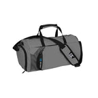Bolsa de Academia IX Sport Plus grafite, vista frontal em ângulo, com alças de mão e alça de ombro, e detalhe azul, ideal para campeões urbanno
