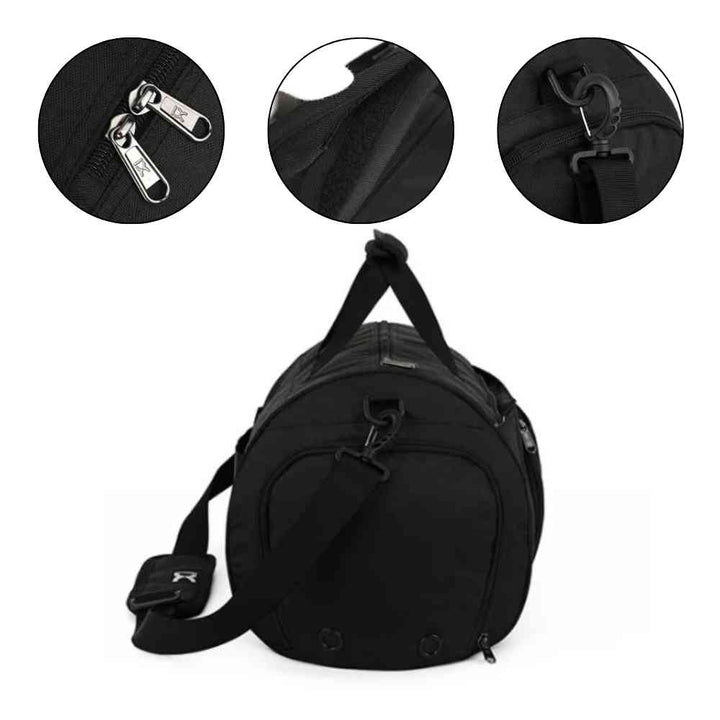 Bolsa de Academia IX Sport Plus preta, mostrando detalhes ampliados do zíper duplo, tira de velcro e engate da alça de ombro, destacando funcionalidade urbanno