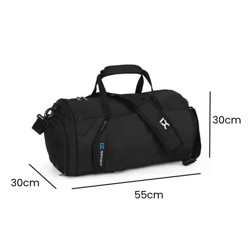 Bolsa de Academia IX Sport Plus preta, exibindo suas dimensões de 55cm de comprimento, 30cm de largura e 30cm de altura urbanno