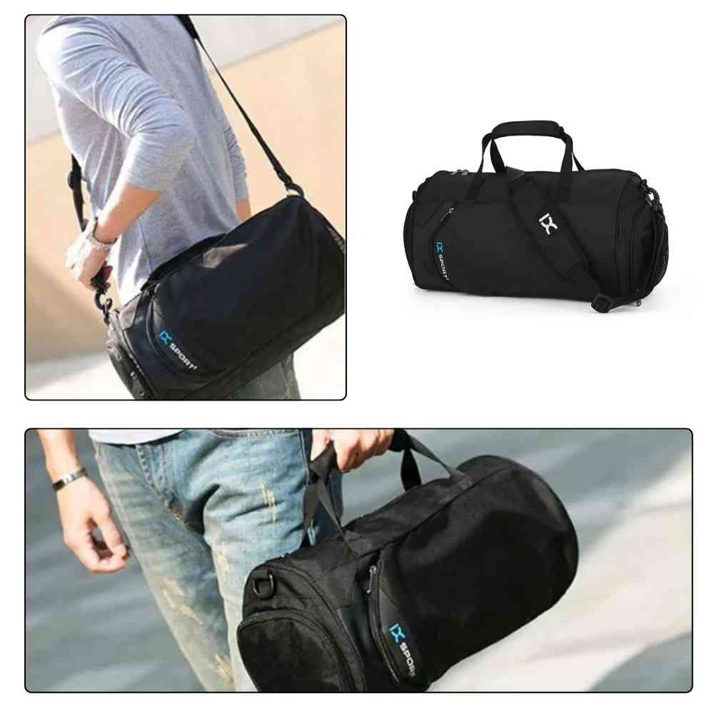 Bolsa de Academia IX Sport Plus preta, mostrando homem usando no ombro e carregando pela alça de mão, ilustrando versatilidade urbanno