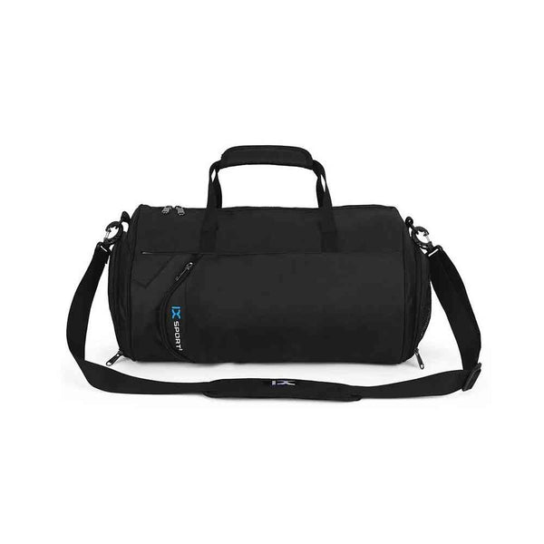 Bolsa de Academia IX Sport Plus preta, vista frontal em ângulo, com alças de mão e alça de ombro, e detalhe azul, ideal para campeões urbanno