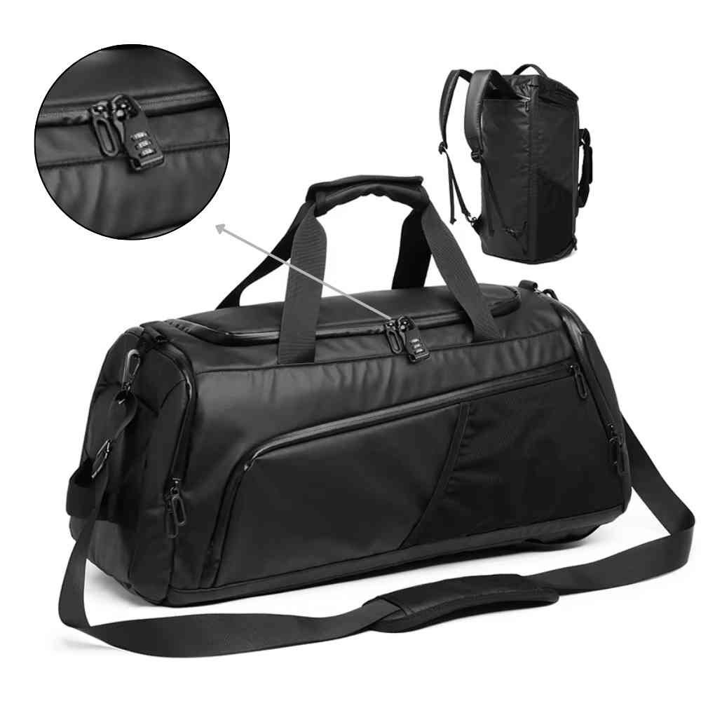 Bolsa de Academia Multifuncional Preta Urbanno, com foco no cadeado de segurança com combinação nos zíperes superiores e uma imagem menor mostrando a bolsa sendo usada como mochila, evidenciando a segurança e a versatilidade de uso.