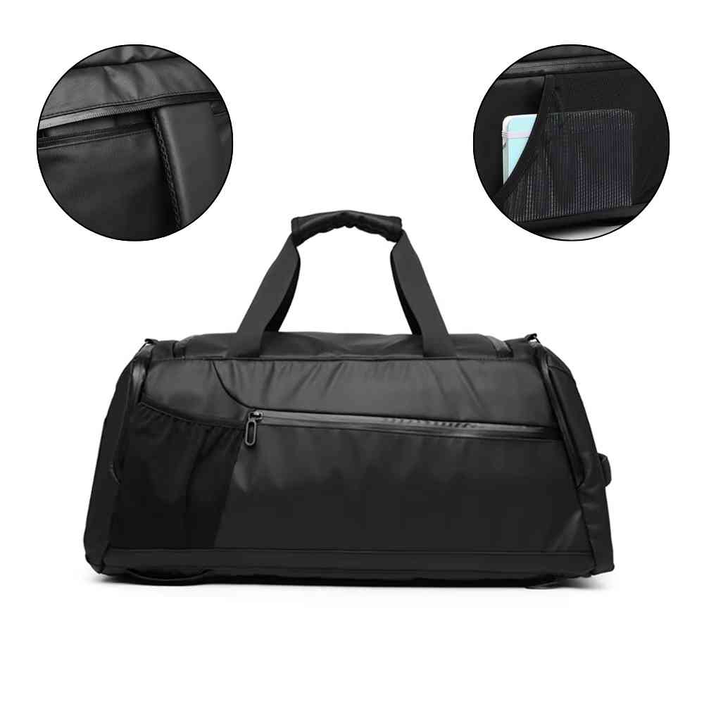 Bolsa de Academia Multifuncional Preta Urbanno, vista frontal, com dois círculos detalhando: um bolso frontal com zíper e um bolso lateral em rede com um celular, mostrando a organização e os compartimentos inteligentes.