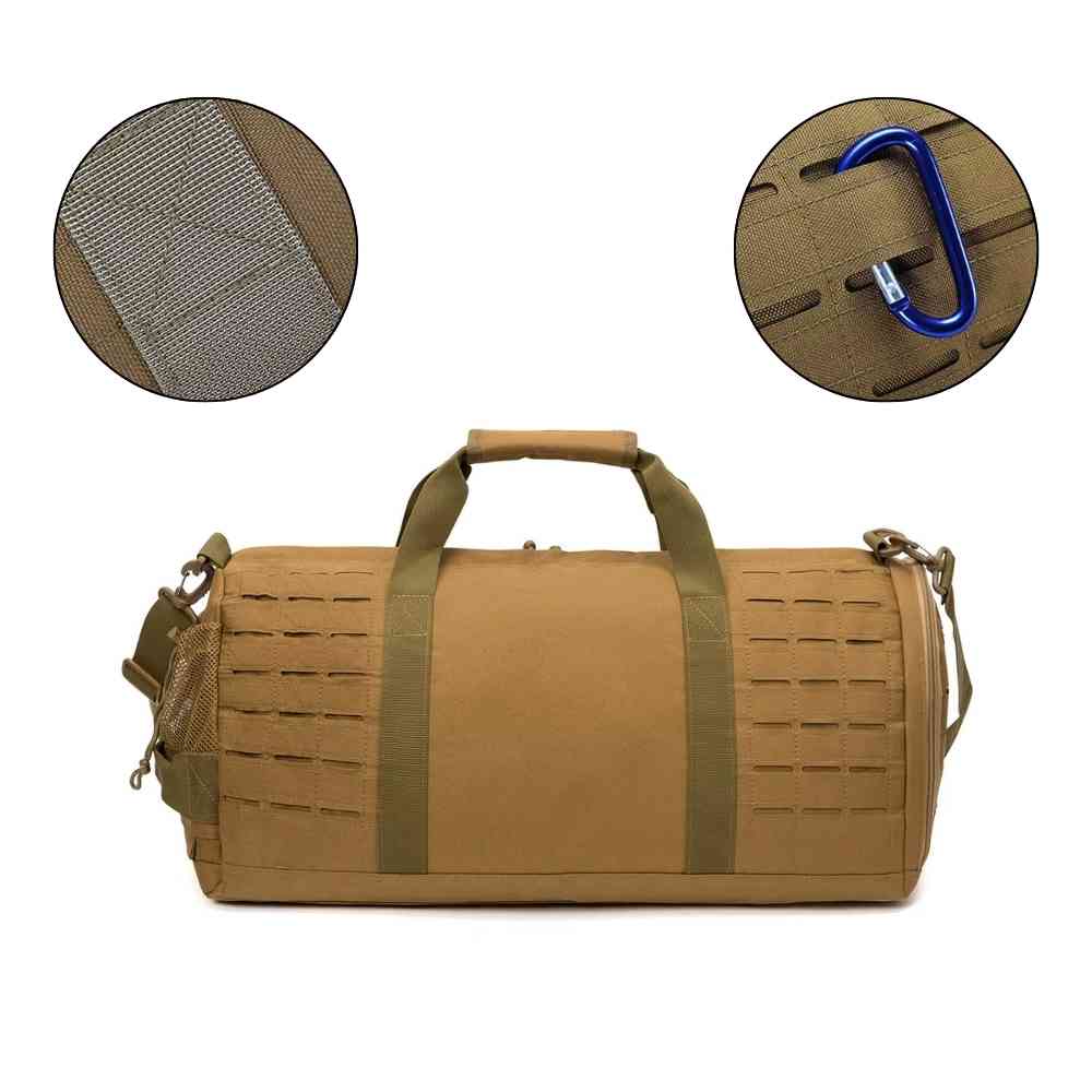 Bolsa de Academia Tática 40L Khaki Urbanno, vista frontal, com dois círculos detalhando: a textura da alça reforçada e o sistema de fitas para prender acessórios como um gancho ou mosquetão.