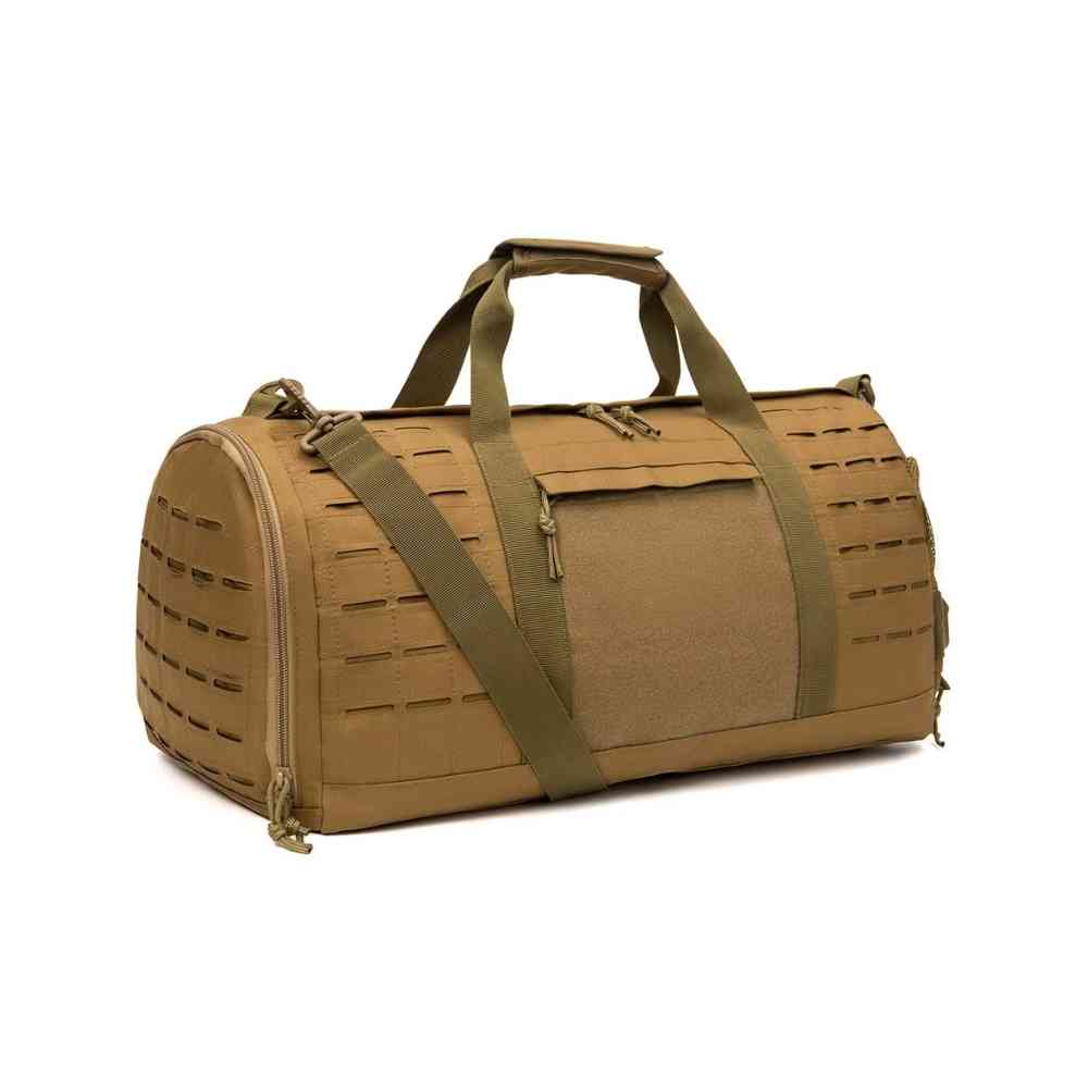 Bolsa de Academia Tática 40L Impermeável com Compartimento de Sapatos Khaki Urbanno, vista frontal, com alças de mão e alça de ombro, e sistema de fitas para acessórios, ideal para treinos e atividades ao ar livre.