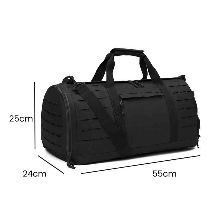 Bolsa de Academia Tática 40L Impermeável Preta Urbanno, com linhas indicando suas dimensões de 55cm de comprimento, 25cm de altura e 24cm de largura.