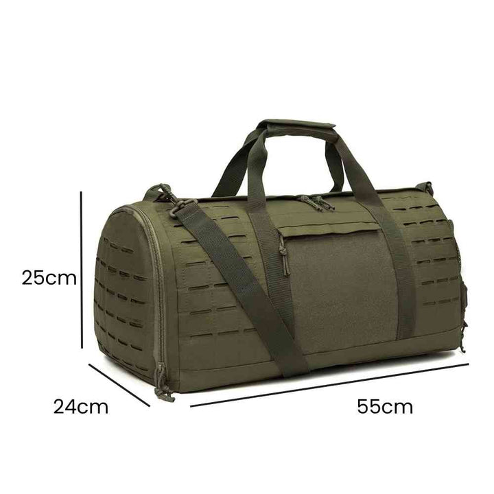 Bolsa de Academia Tática 40L Impermeável Verde Militar Urbanno, com linhas indicando suas dimensões de 55cm de comprimento, 25cm de altura e 24cm de largura.