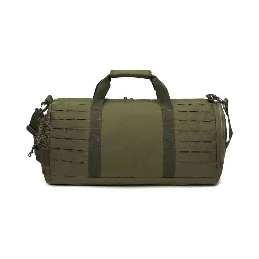 Bolsa de Academia Tática 40L Impermeável com Compartimento de Sapatos Verde Militar Urbanno, vista lateral, mostrando o bolso em tela e o sistema de fitas Molle.