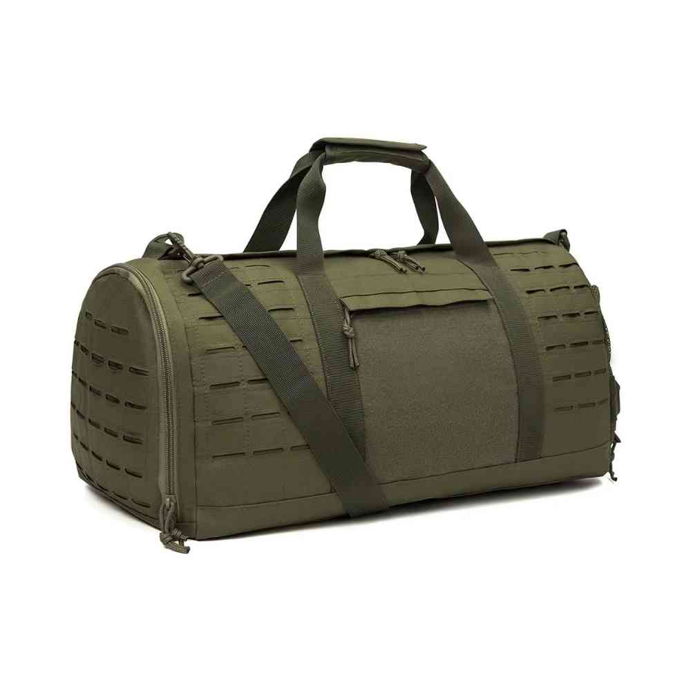 Bolsa de Academia Tática 40L Impermeável com Compartimento de Sapatos Verde Militar Urbanno, vista frontal, com alças de mão e alça de ombro, e sistema de fitas para acessórios, ideal para treinos e atividades ao ar livre.