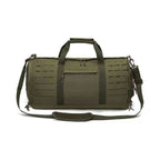Bolsa de Academia Tática 40L Impermeável com Compartimento de Sapatos Verde Militar Urbanno, vista frontal, destacando o sistema de fitas para acessórios, bolso frontal com zíper e as alças de mão e de ombro.
