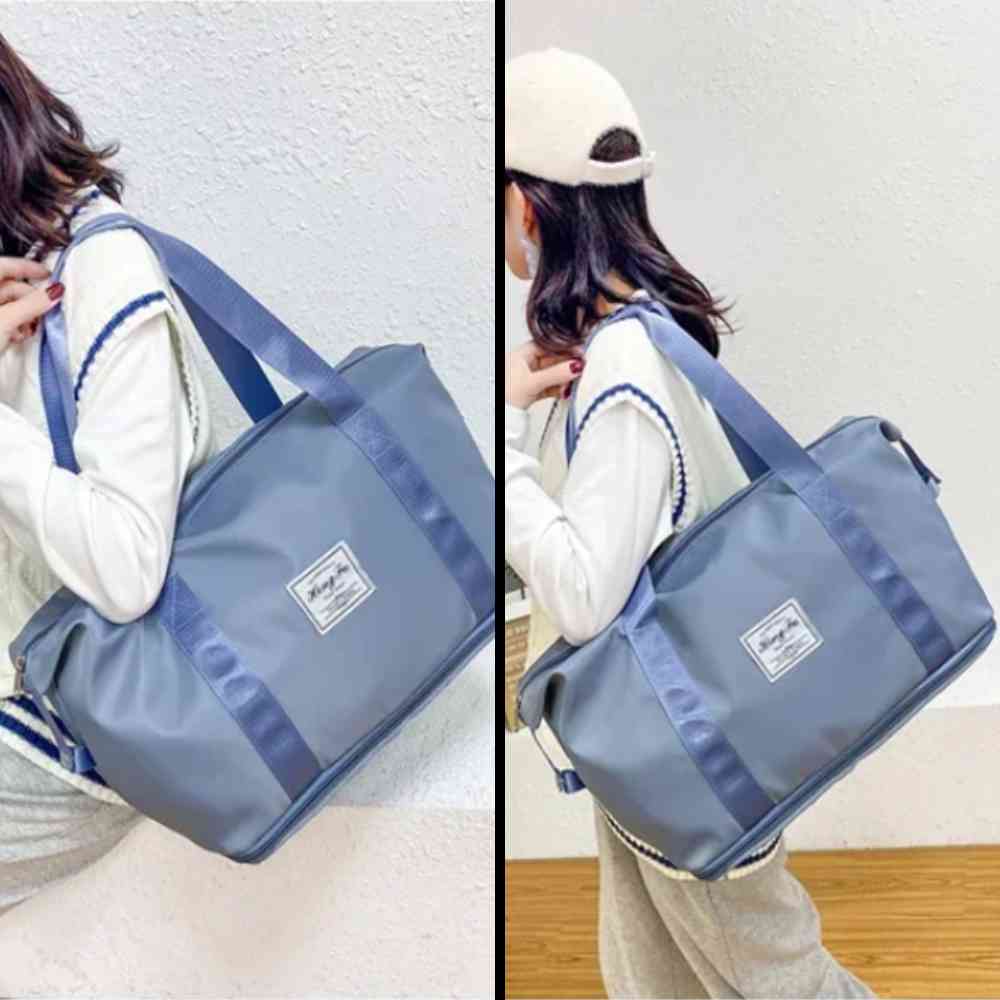 Montagem com duas fotos da Bolsa de Academia e Viagem Feminina Leve Expansível Azul Petróleo Urbanno sendo usada no ombro por diferentes pessoas, demonstrando seu tamanho e estilo.