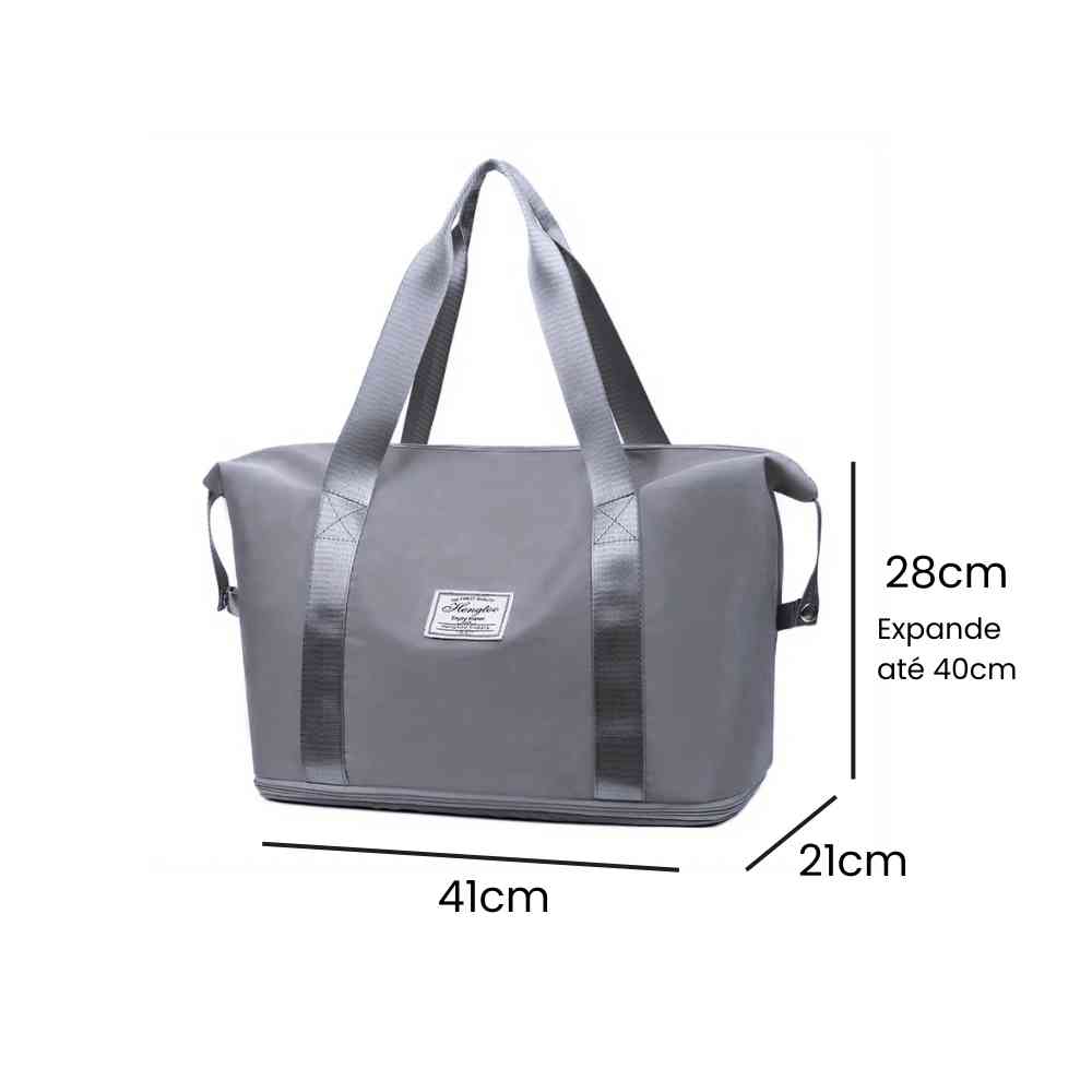 Bolsa de Academia e Viagem Feminina Leve Expansível Cinza Urbanno, com linhas indicando suas dimensões de 41cm de comprimento, 21cm de largura e 28cm de altura (expansível até 40cm).