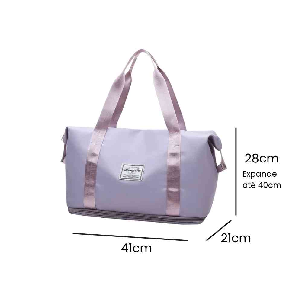 Bolsa de Academia e Viagem Feminina Leve Expansível Lilás Urbanno, com linhas indicando suas dimensões de 41cm de comprimento, 21cm de largura e 28cm de altura (expansível até 40cm).
