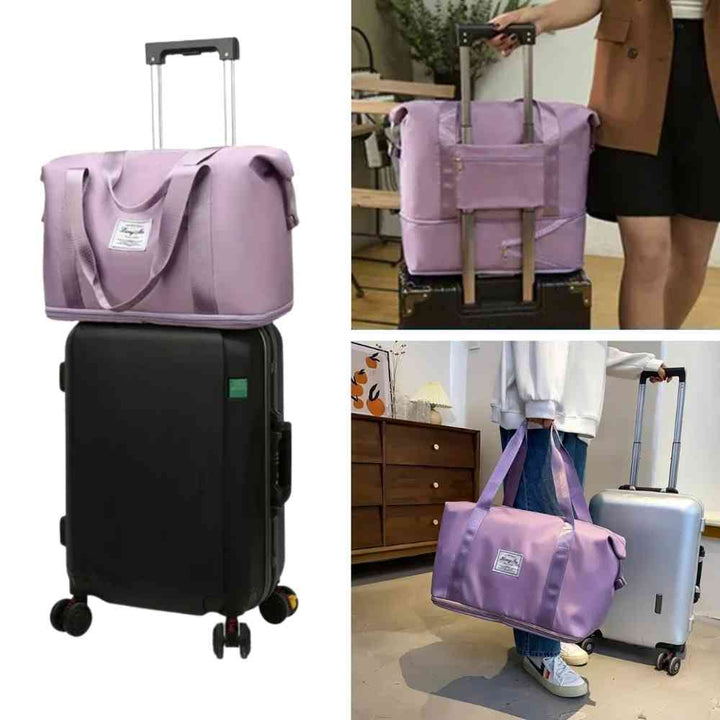 Bolsa de Academia e Viagem Feminina Leve Expansível Lilás Urbanno, em três fotos: acoplada a malas de viagem escura e clara, e sendo carregada ao lado de uma mala, demonstrando sua praticidade para viagens.