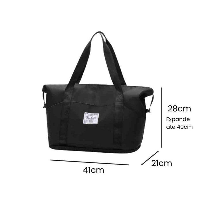 Bolsa de Academia e Viagem Feminina Leve Expansível Preta Urbanno, com linhas indicando suas dimensões de 41cm de comprimento, 21cm de largura e 28cm de altura (expande até 40cm).