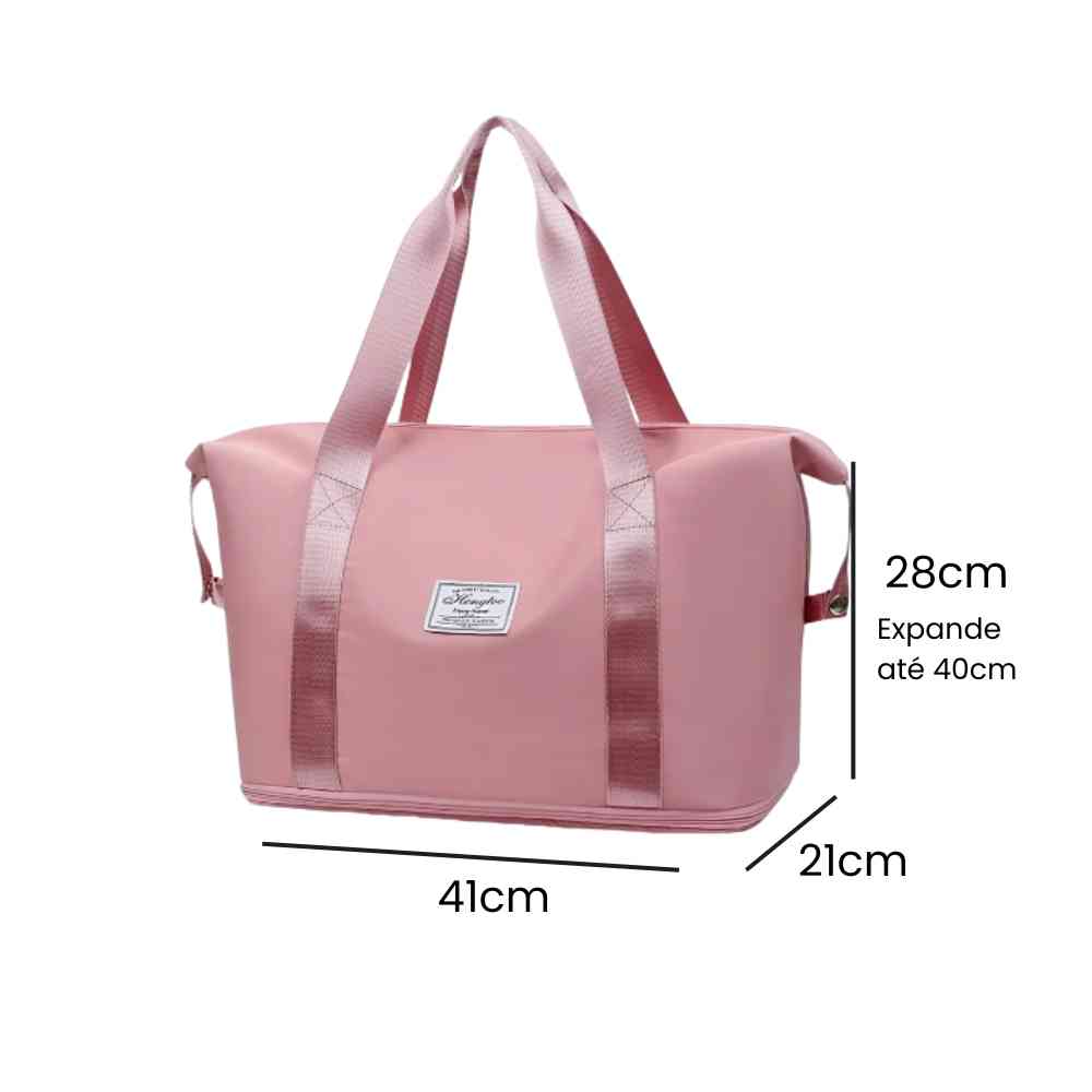 Bolsa de Academia e Viagem Feminina Leve Expansível Rosa Urbanno, com linhas indicando suas dimensões de 41cm de comprimento, 21cm de largura e 28cm de altura (expansível até 40cm).