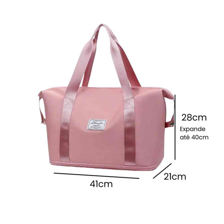 Bolsa de Academia e Viagem Feminina Leve Expansível Rosa Urbanno, com linhas indicando suas dimensões de 41cm de comprimento, 21cm de largura e 28cm de altura (expansível até 40cm).