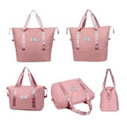 Bolsa de Academia e Viagem Feminina Leve Expansível Rosa Urbanno, exibida em múltiplos ângulos (frontal compacta, frontal expandida, lateral, superior e traseira), destacando seu design versátil e a capacidade de expansão.