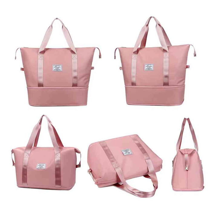 Bolsa de Academia e Viagem Feminina Leve Expansível Rosa Urbanno, exibida em múltiplos ângulos (frontal compacta, frontal expandida, lateral, superior e traseira), destacando seu design versátil e a capacidade de expansão.