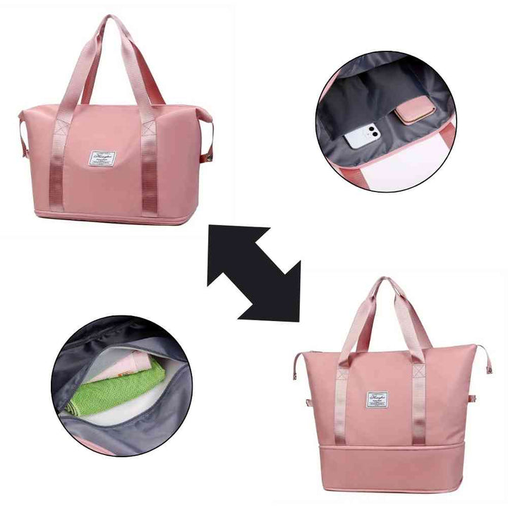 Bolsa de Academia e Viagem Feminina Leve Expansível Rosa Urbanno, ilustrando sua funcionalidade expansível com setas e círculos detalhando os compartimentos internos, perfeita para otimizar o espaço em suas viagens.